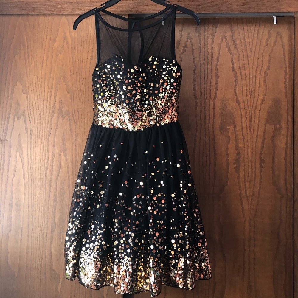 Formal black and gold mini dress